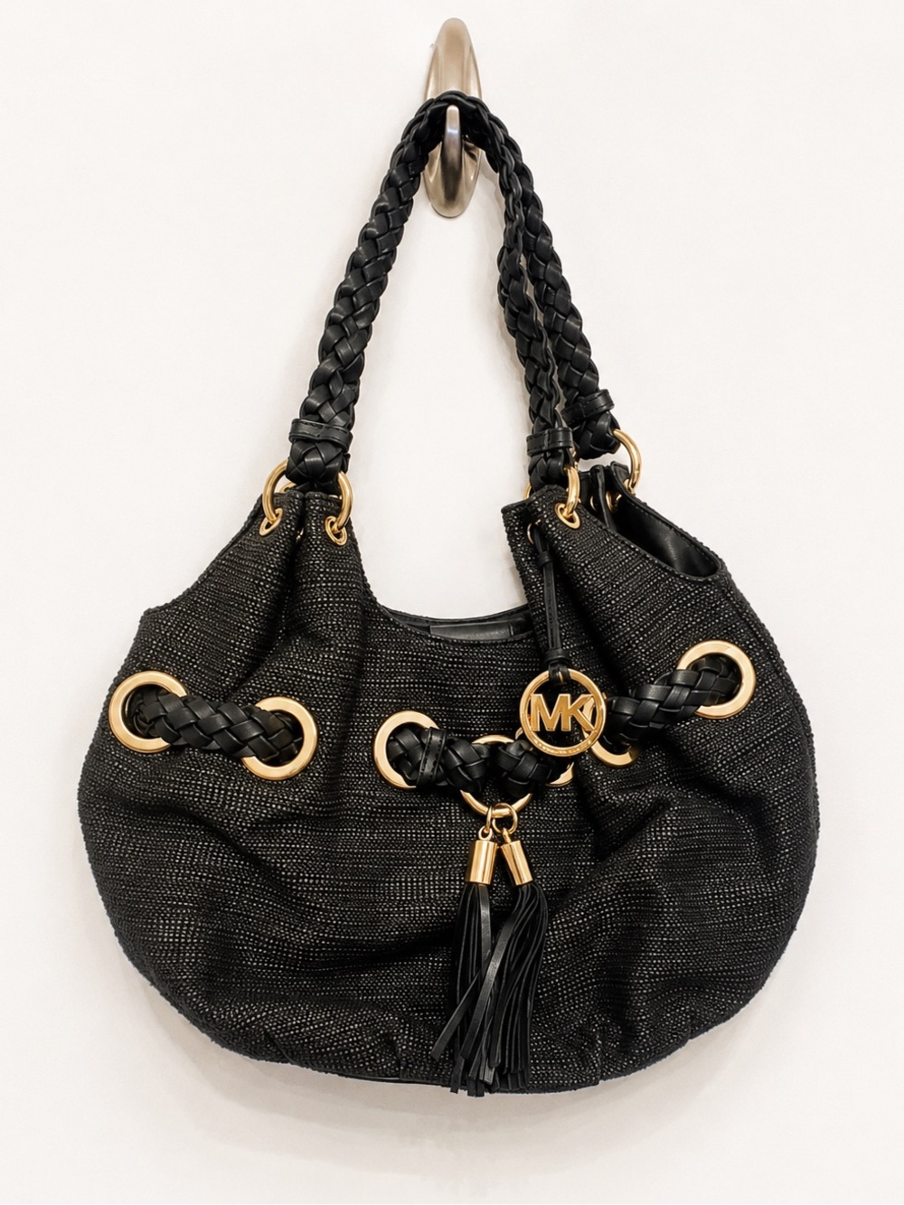 RARE Michael Kors Black & Gold Woven Shoulder Bag Purse